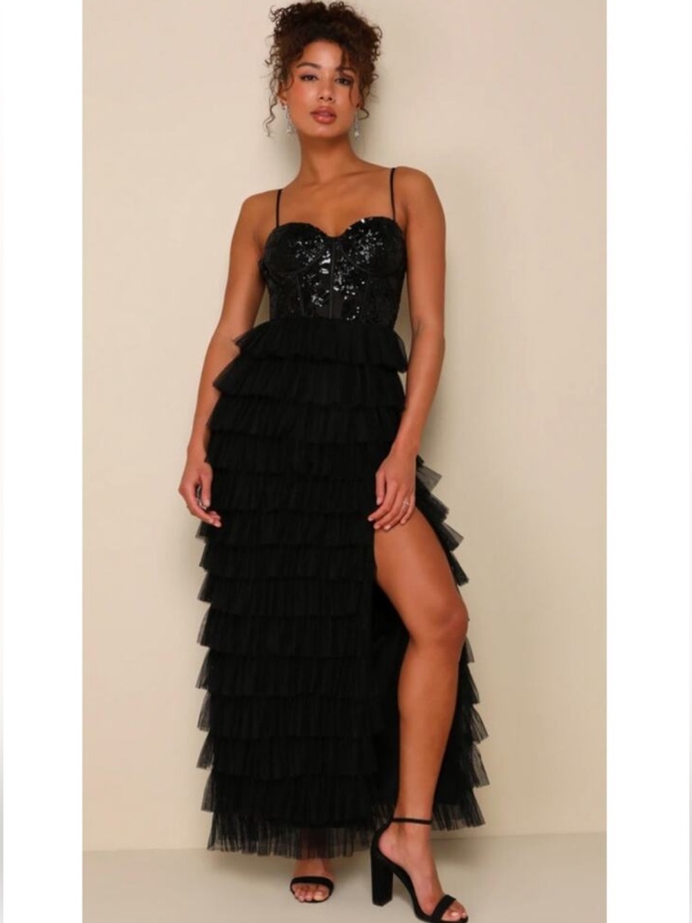 Lulus black sequined corset maxi dress with layered tulle